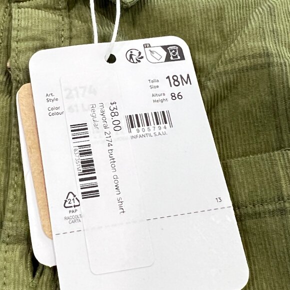 Mayoral Baby & Toddler Button-Down Corduroy Green Shirt NWT Soft Fabric 18 Month - Picture 4 of 4